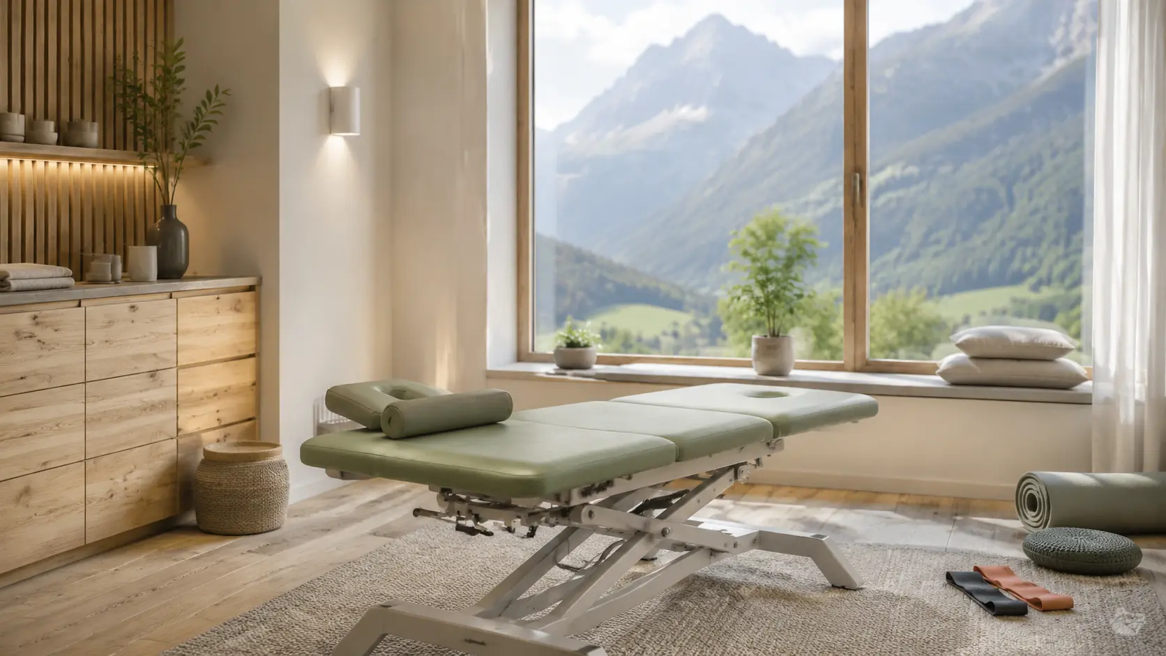 Heller Therapieraum mit Holz, Therapieliege und Blick in eine alpine Landschaft
